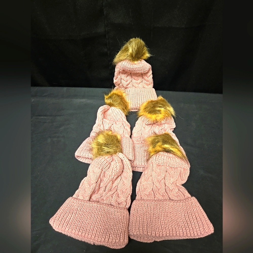 Lot Of 5 Girls 3-36 Months Knit Baby Winter Hats Light Pink With Pompom Beanies